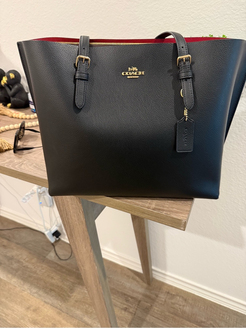 Coach Black Leather Tote with Red Interior Trim